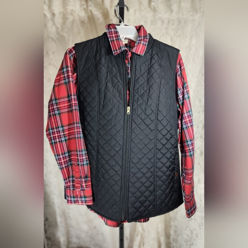 Kim Rogers Zip Front Black Quilted Vest with Red Plaid Shirt